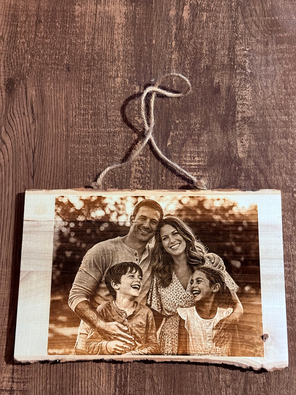 Custom Laser-Engraved Portrait on Live Edge Wood Plank (6x8) - Natural