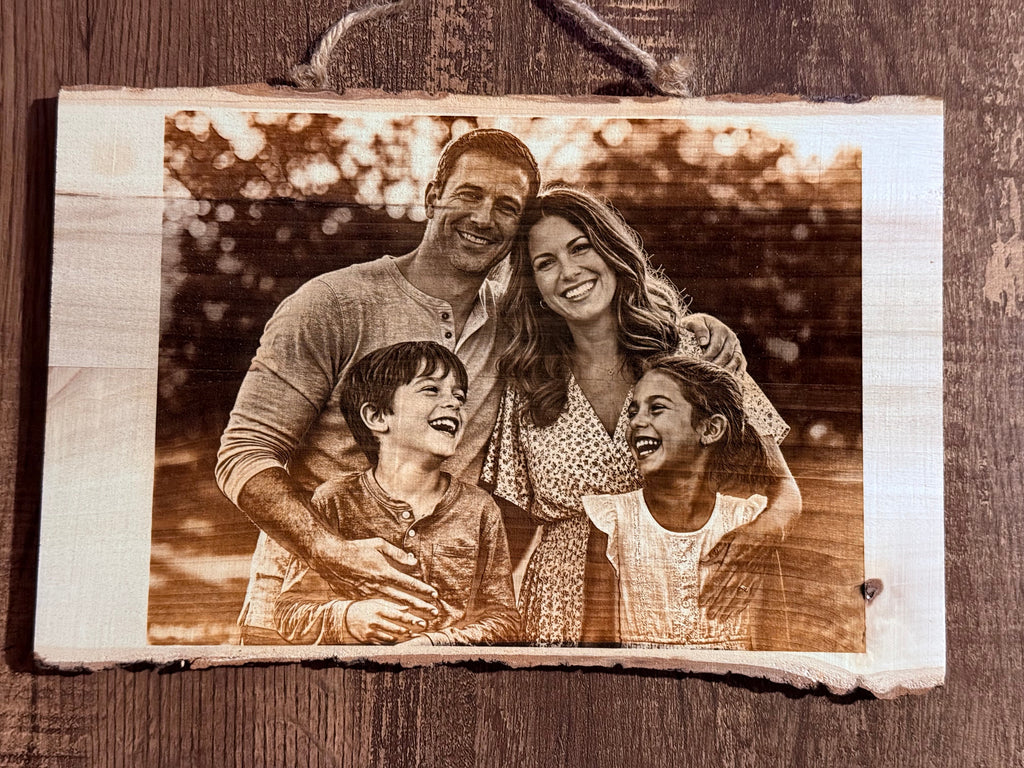 Custom Laser-Engraved Portrait on Live Edge Wood Plank (6x8) - Natural