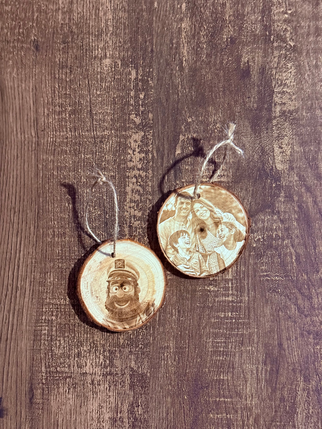 Personalized Double-Sided Photo Engraved Wood Ornament – Real Live Edge Wood, Custom Christmas Keepsake