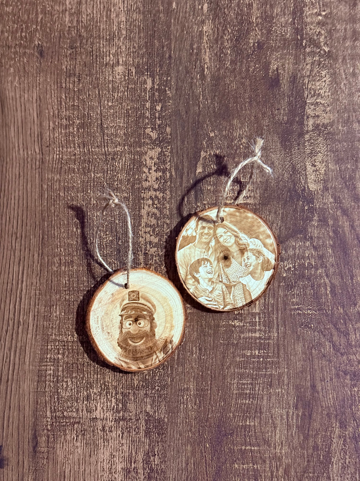 Personalized Double-Sided Photo Engraved Wood Ornament – Real Live Edge Wood, Custom Christmas Keepsake