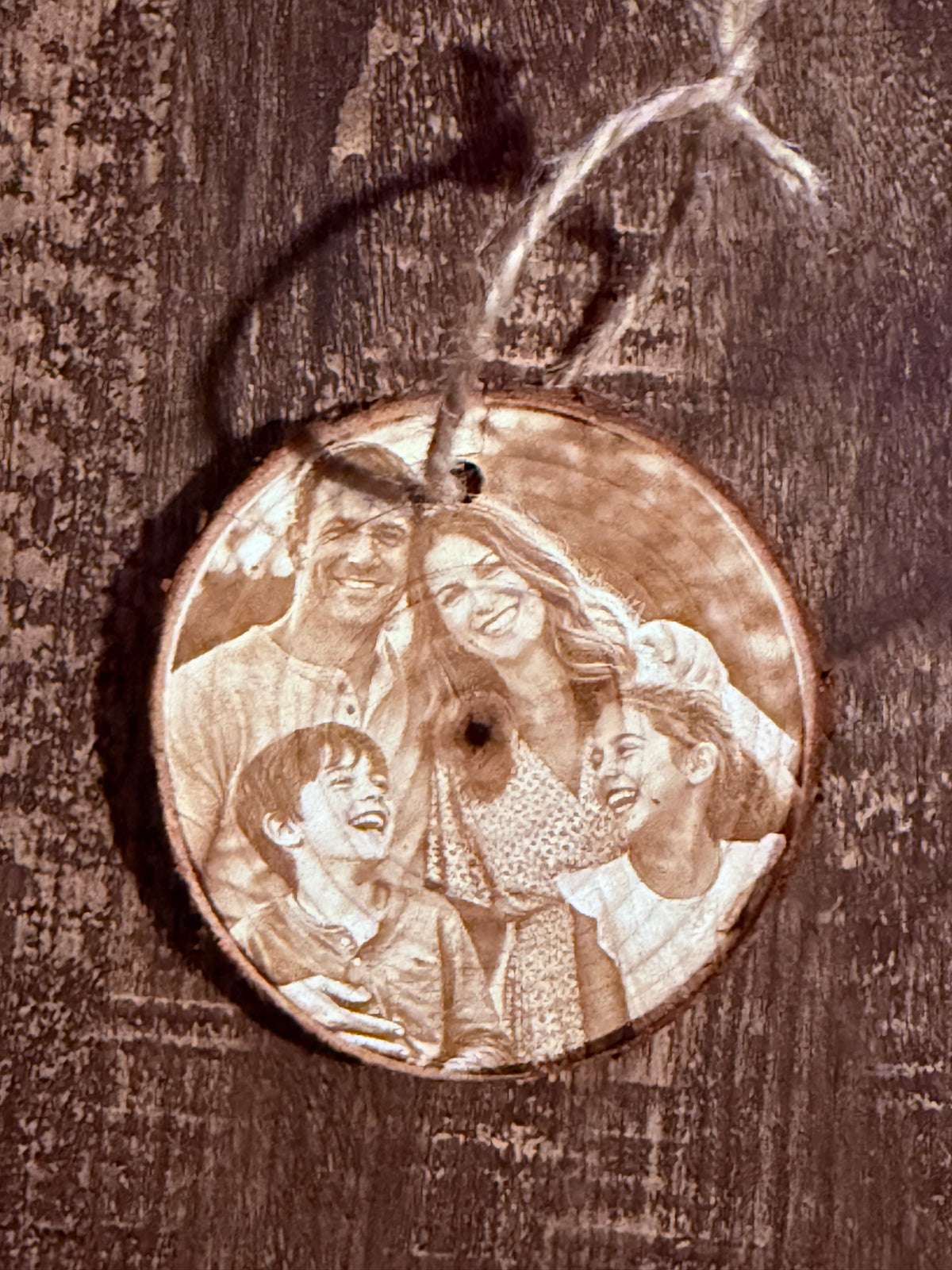 Personalized Double-Sided Photo Engraved Wood Ornament – Real Live Edge Wood, Custom Christmas Keepsake